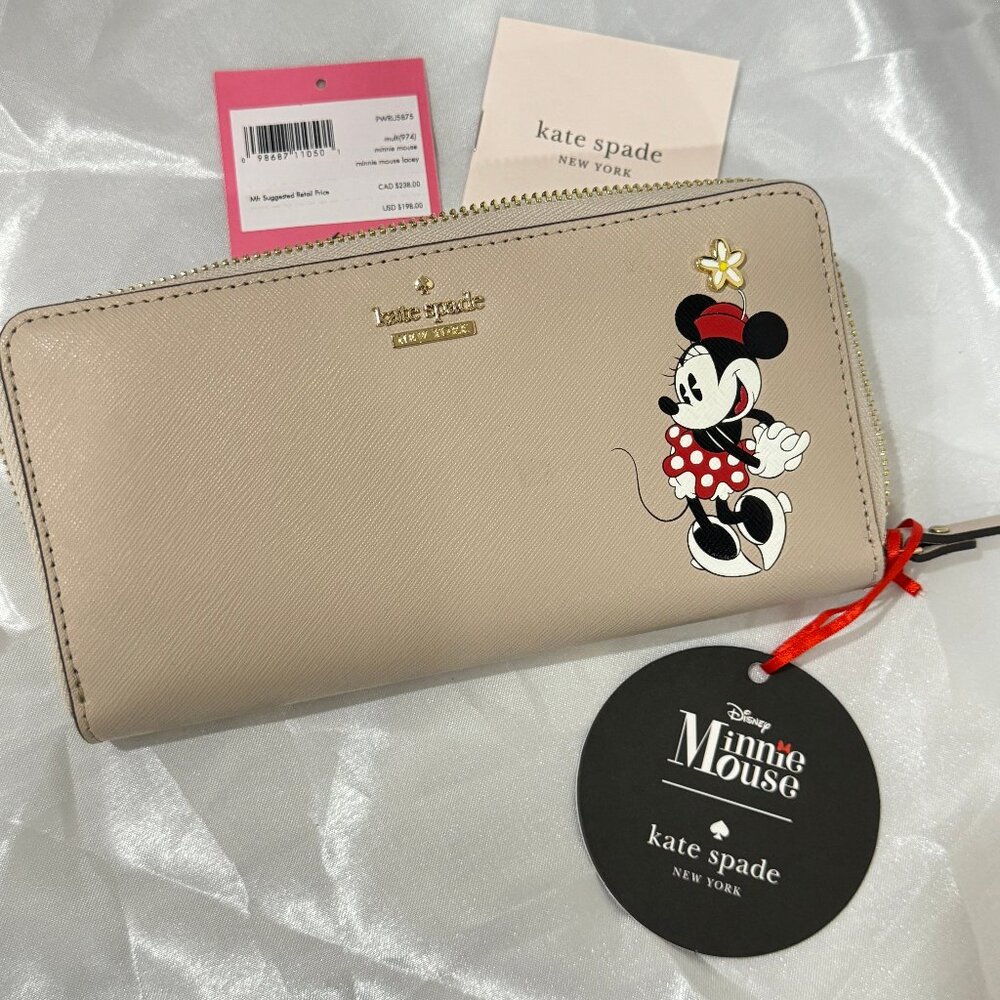 *Best price online* NWT Disney Kate Spade Minnie Mouse Beige Leather Zip Wallet